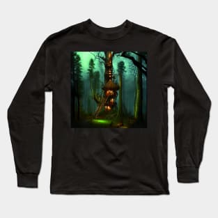 Magical Cottage Tree House with Lights in Forest with High Trees, Scenery Nature Long Sleeve T-Shirt